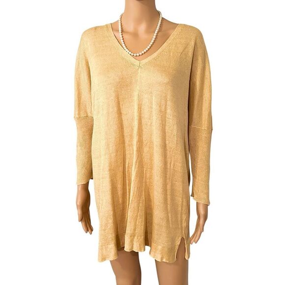 Eileen Fisher Women’s Size XL Yellow Linen, Thin Knit V Neck Sweater Tunic Top - Picture 1 of 11